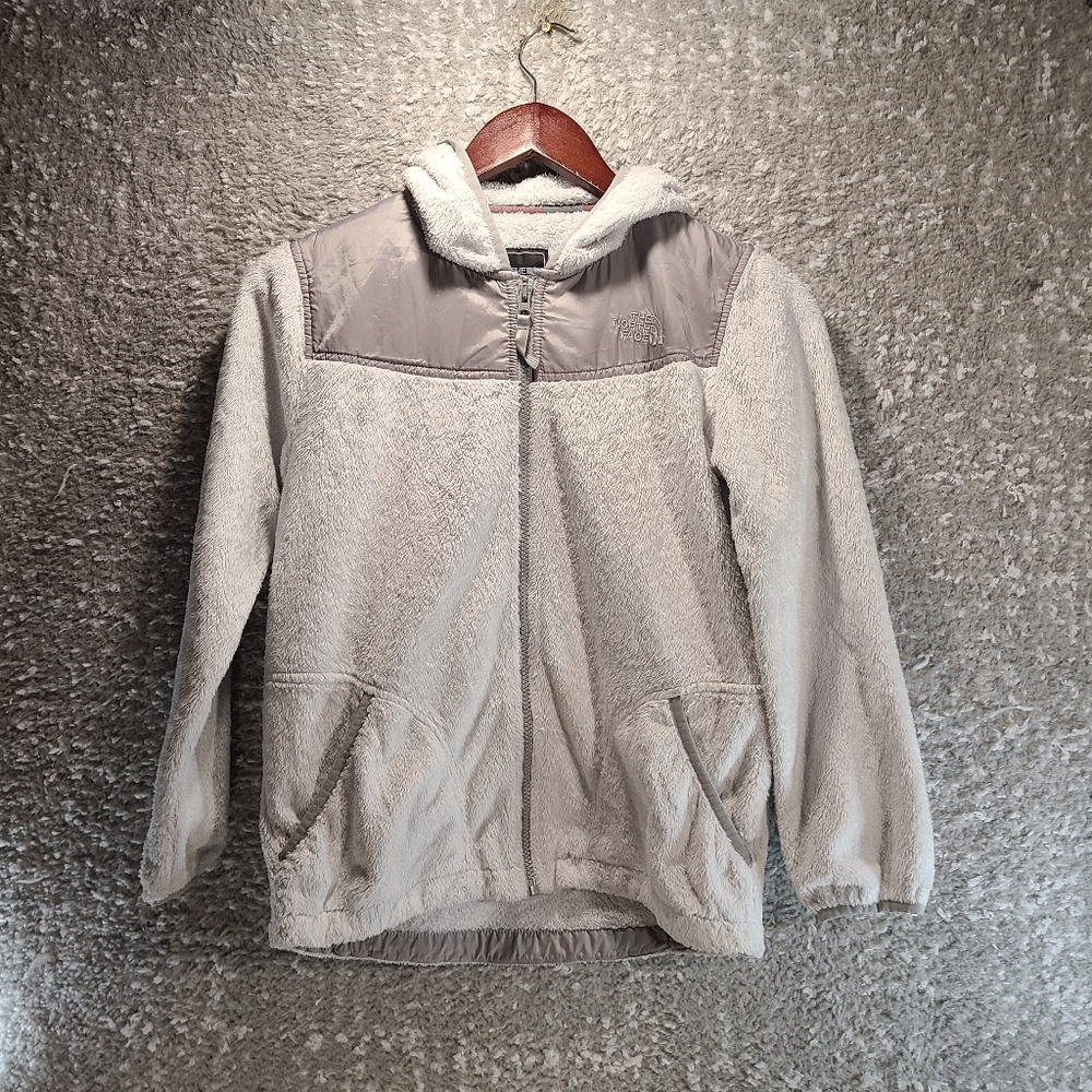 The North Face Girls Large Fleece Hooded Sweater Gray Logo Polyester Full Zip